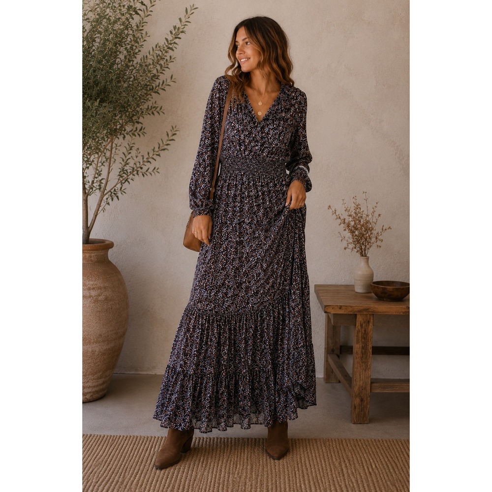Blu Dahlia Floral Smocked Waist Tiered Maxi Dress  Blue L